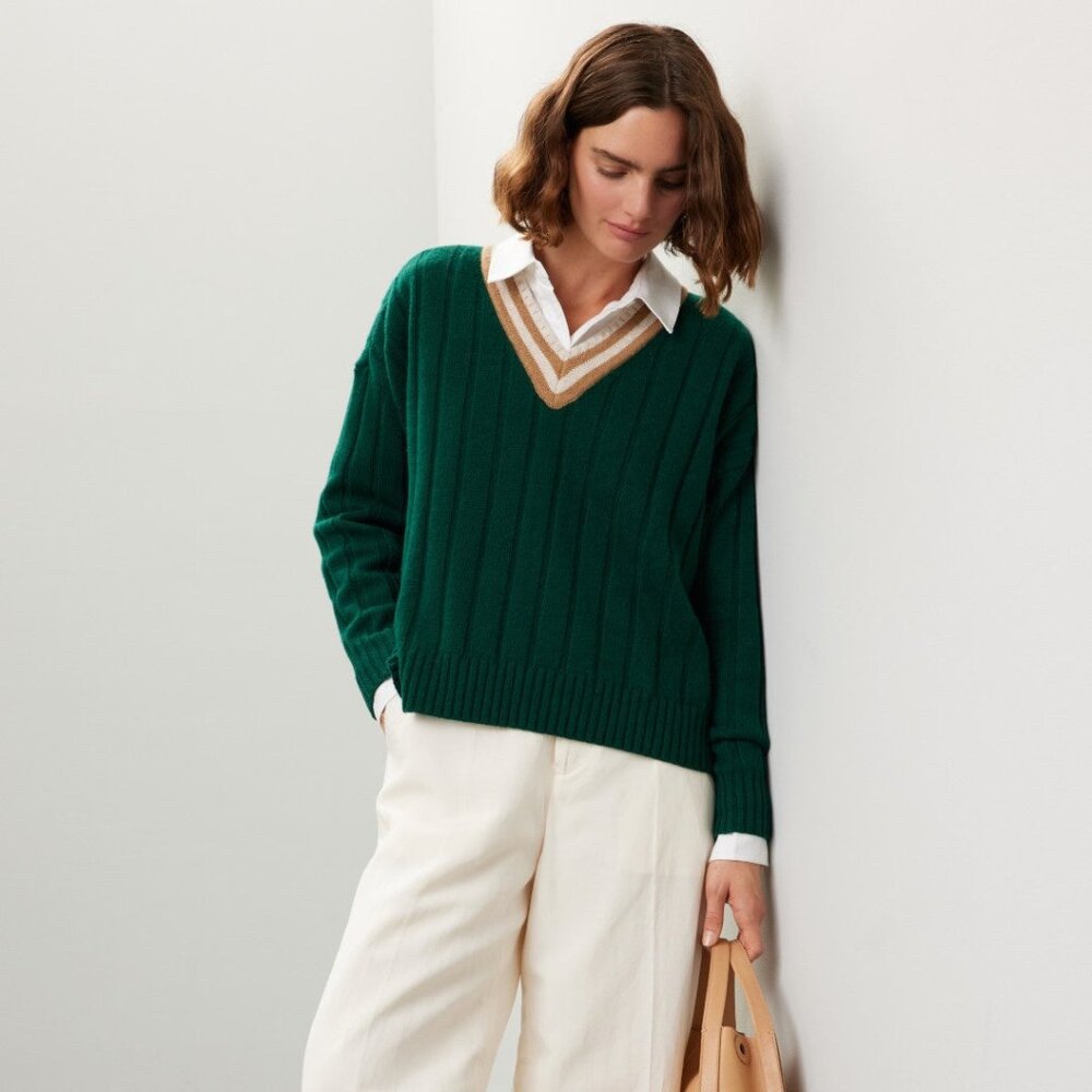 Tipped V-Neck Oversized Sweater